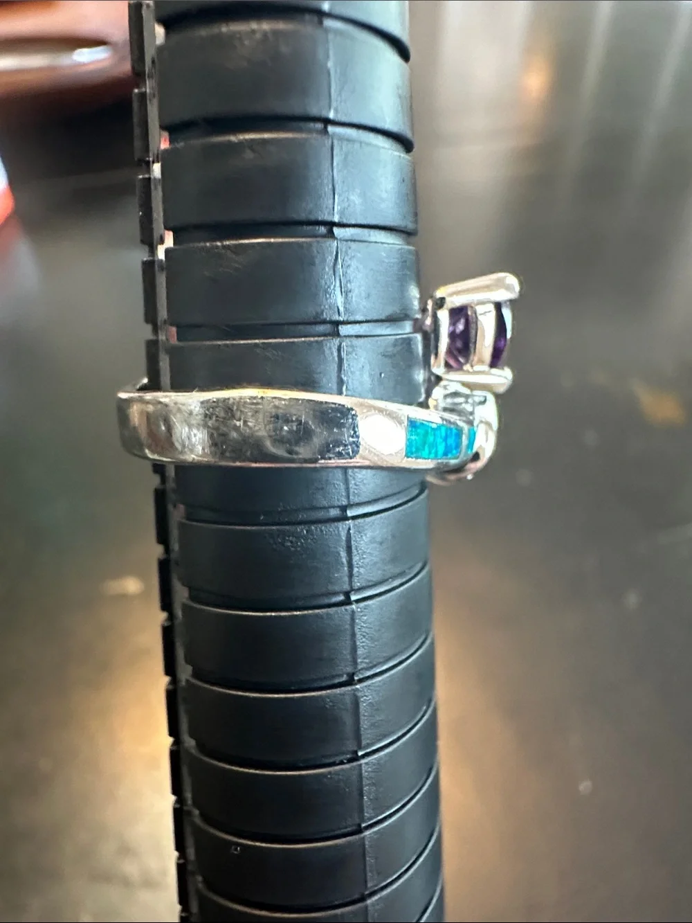 Sterling Silver Purple Amethyst & Crystal Swirl Ring with Teal Accents- Size 7